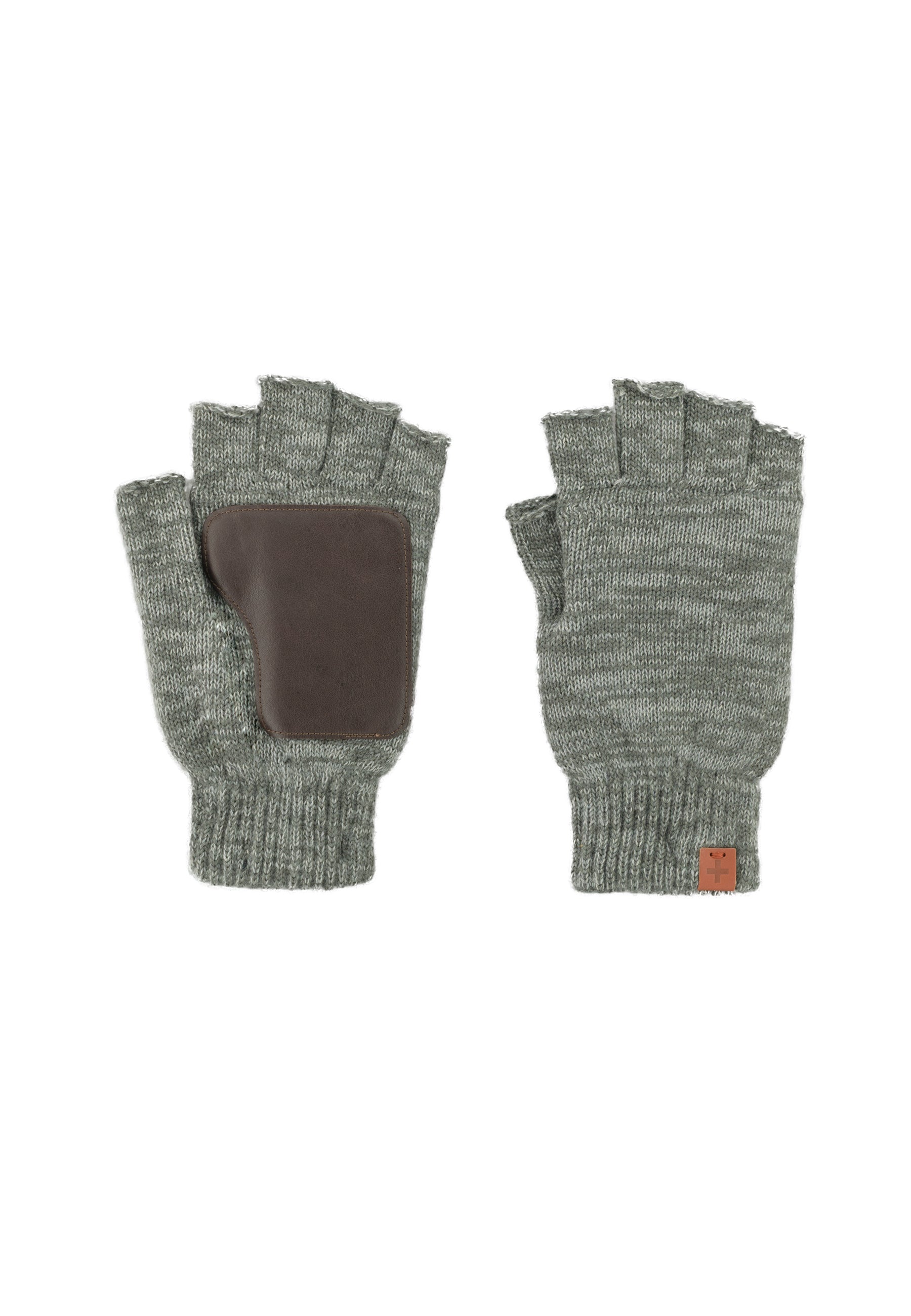 Melange Wool Blend Fingerless Gloves Leather Patch