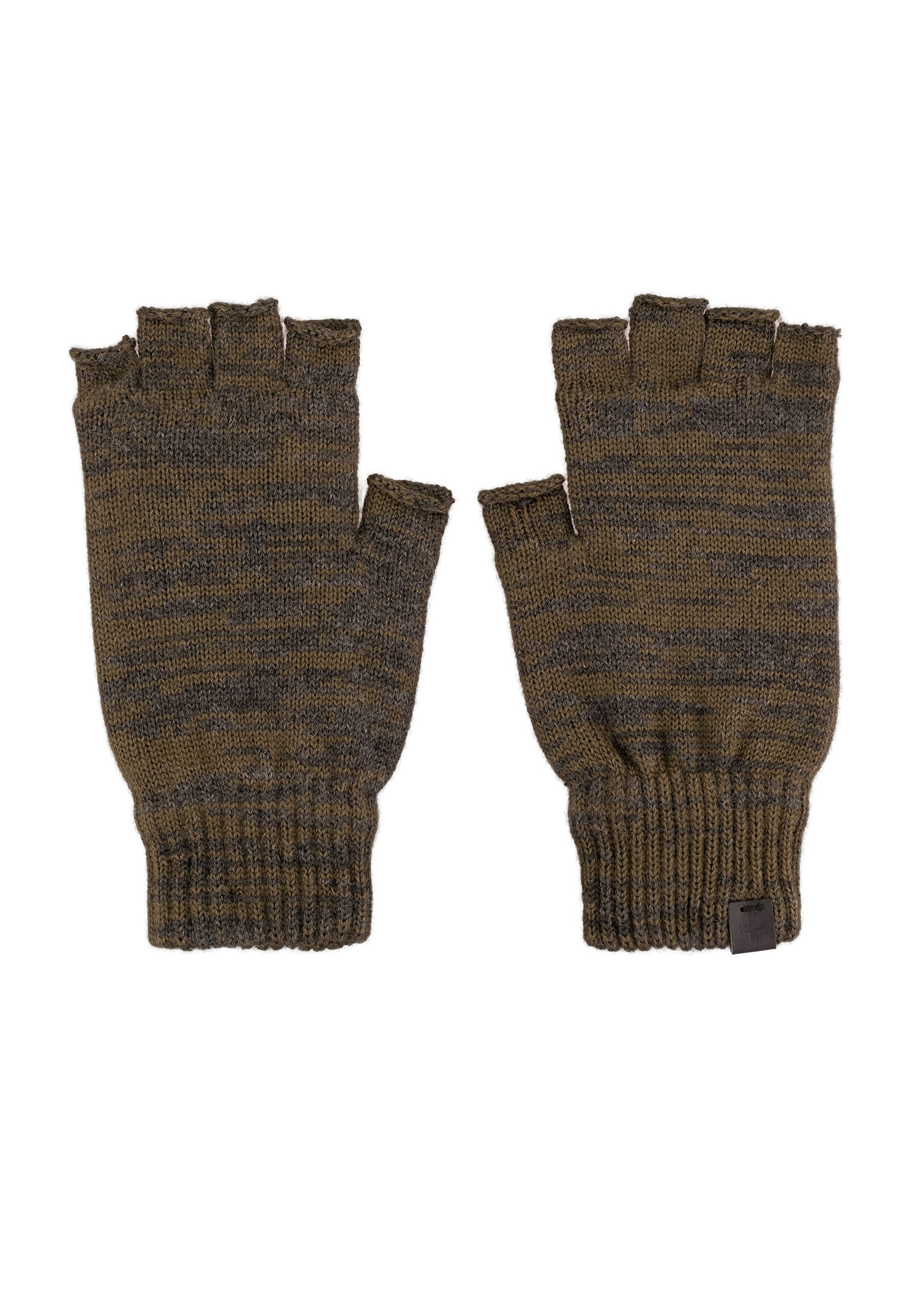 Melange Wool Blend Fingerless Gloves Leather Patch