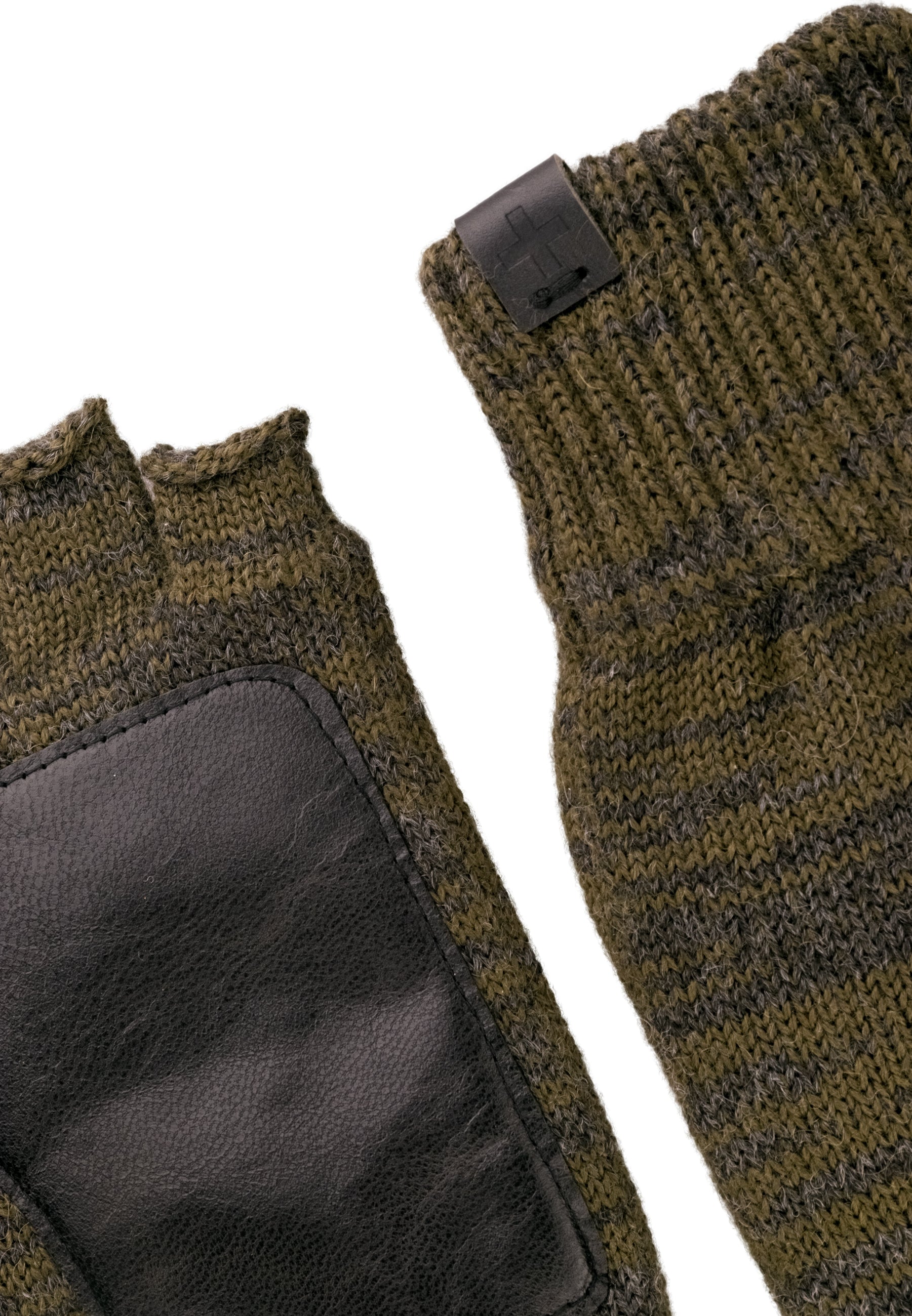 Melange Wool Blend Fingerless Gloves Leather Patch