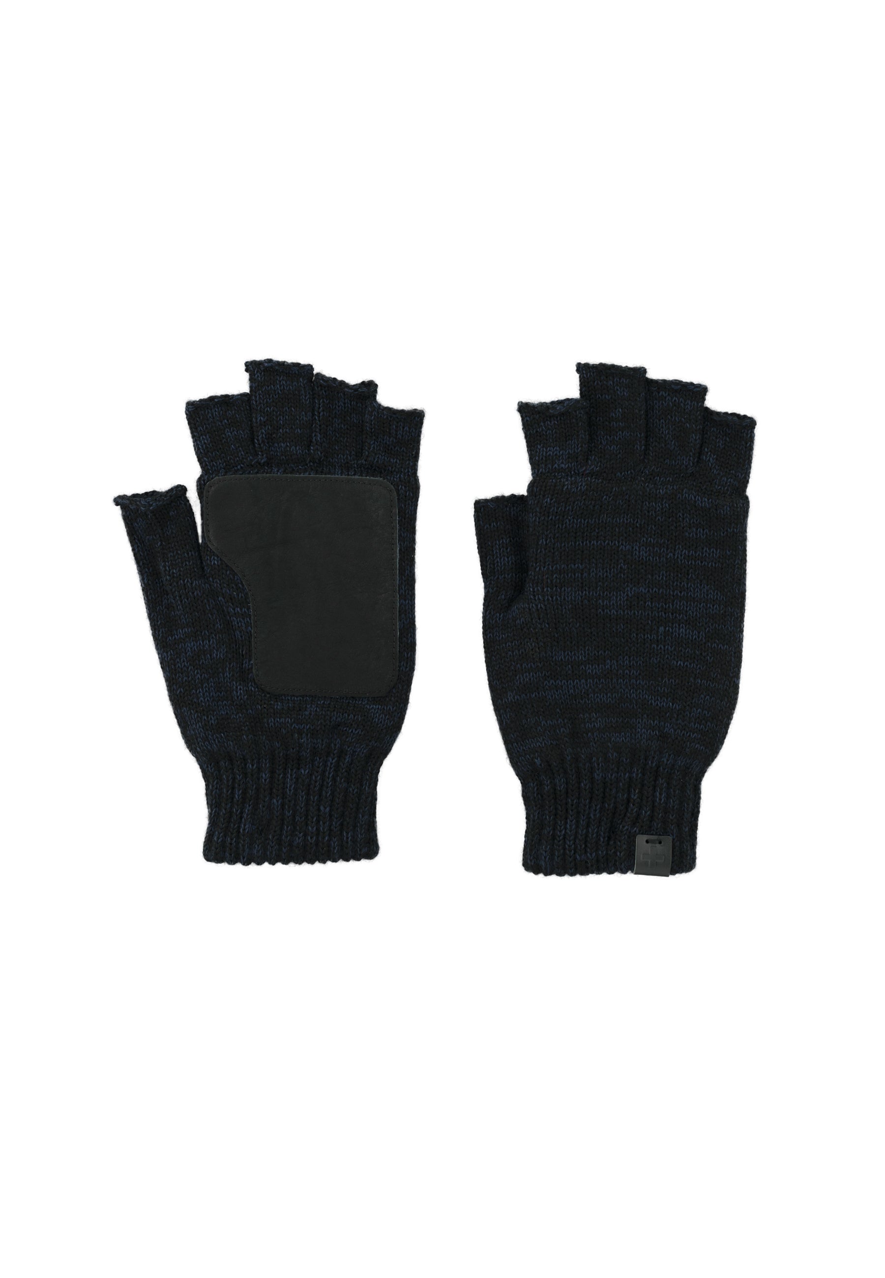Melange Wool Blend Fingerless Gloves Leather Patch
