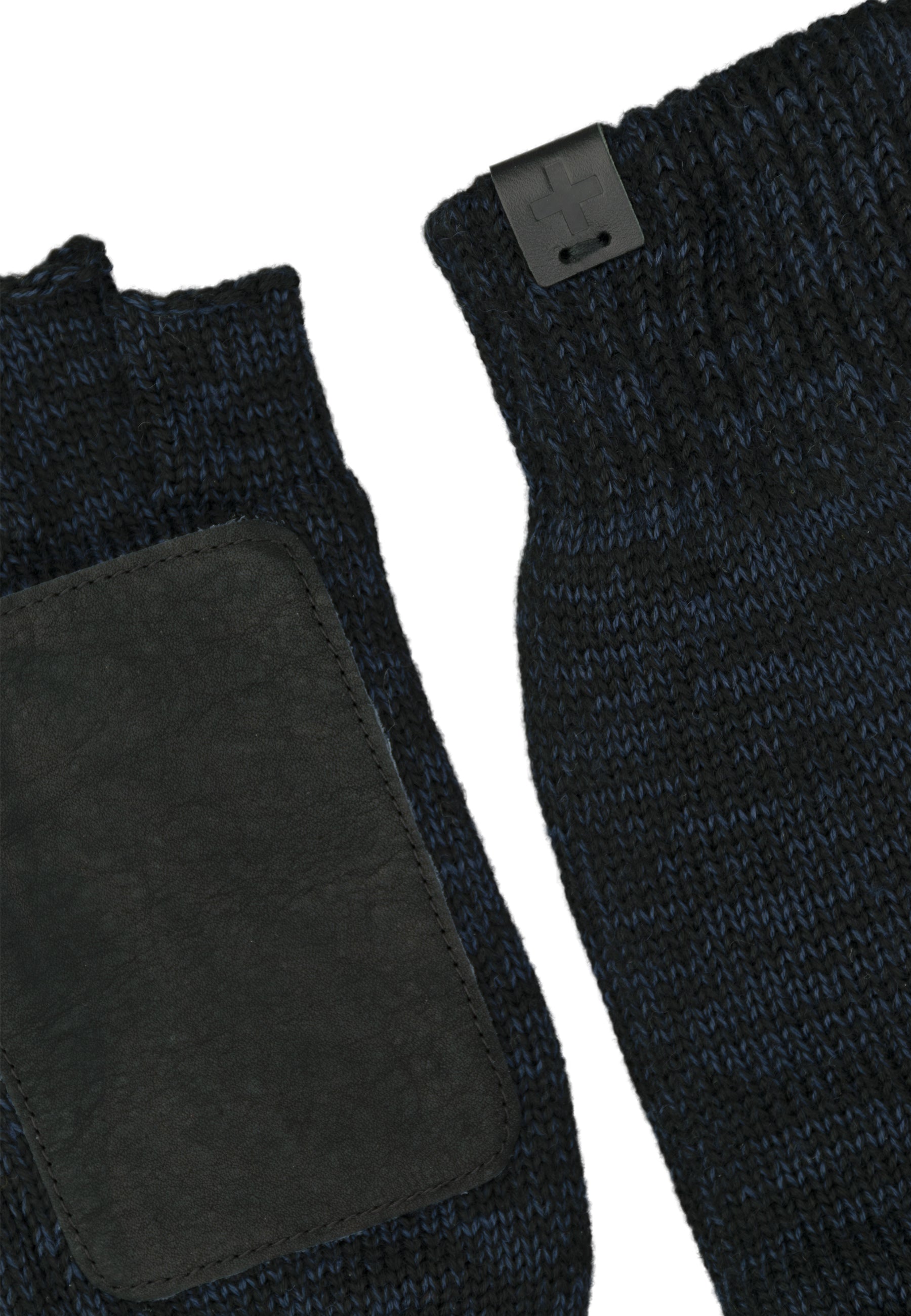 Melange Wool Blend Fingerless Gloves Leather Patch