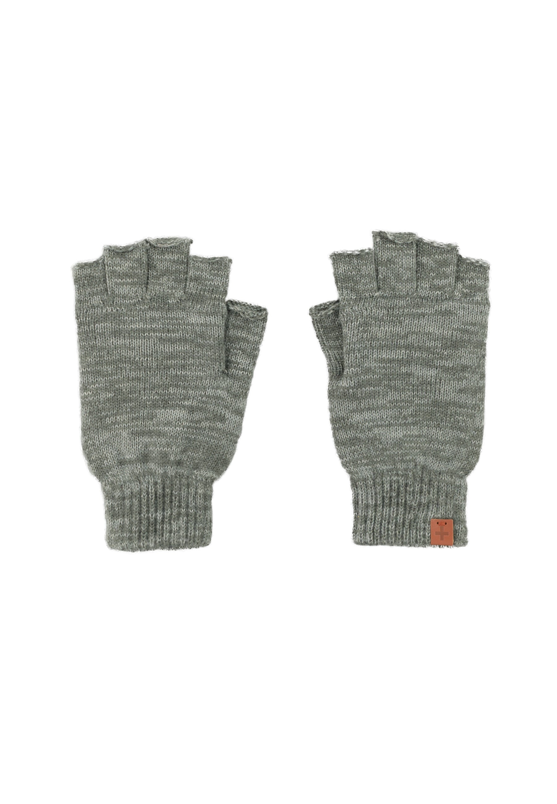 Melange Wool Blend Fingerless Gloves Leather Patch