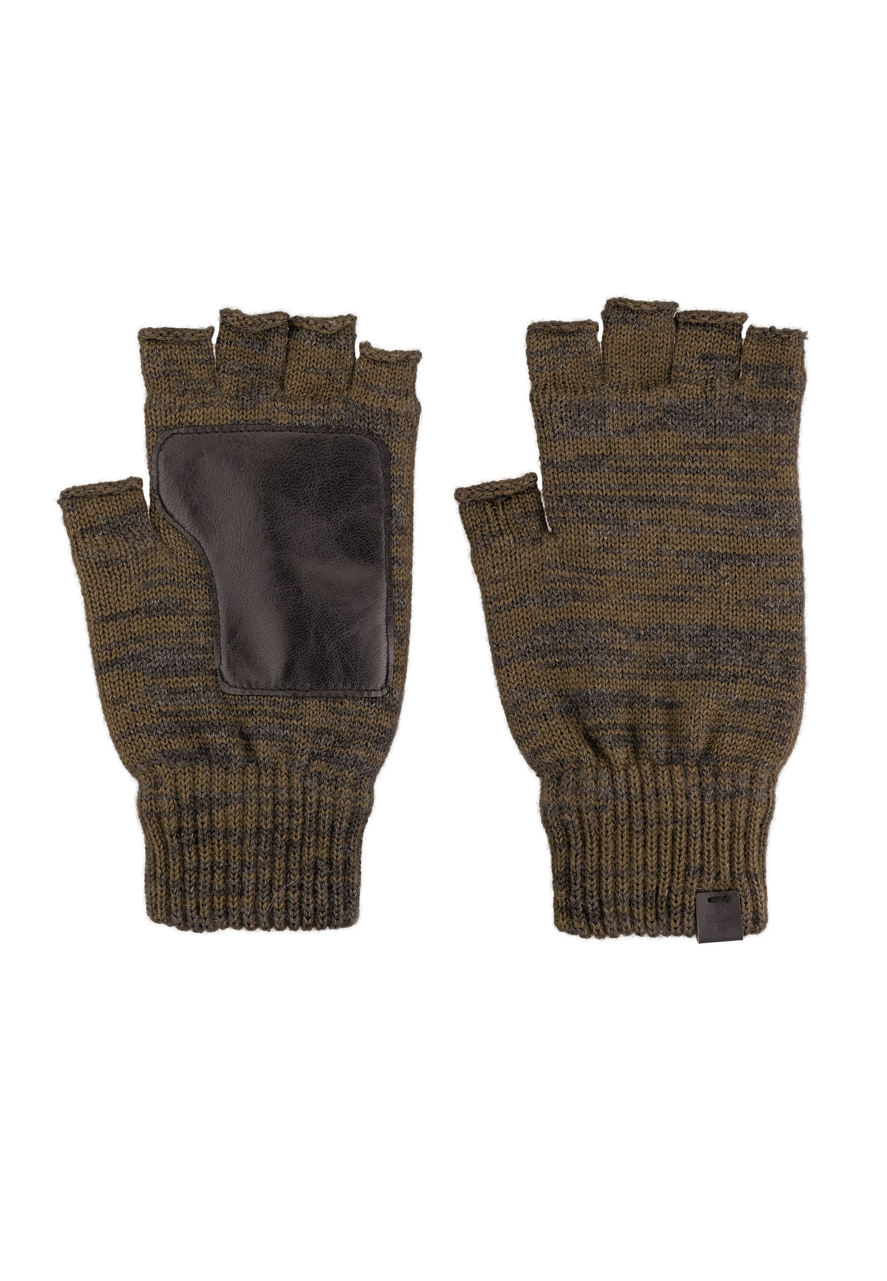 Melange Wool Blend Fingerless Gloves Leather Patch