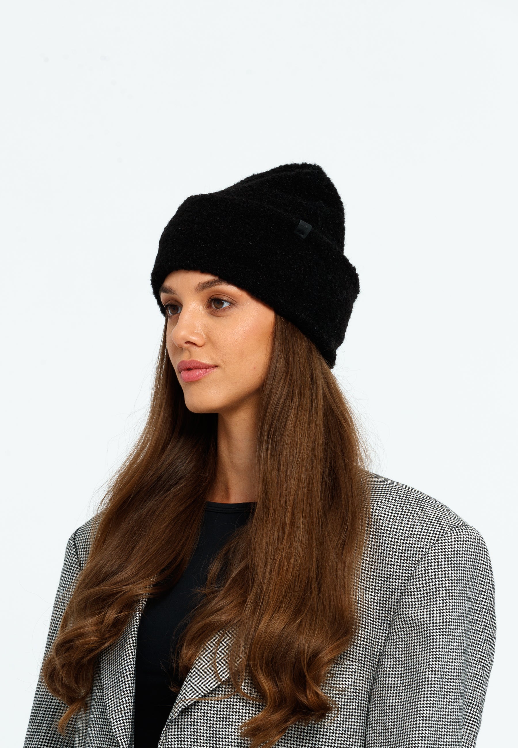 Bouclé structure knitted double turncuff beanie